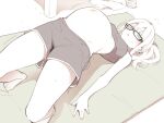  1girl :o asutora asutora-chan bangs bare_legs barefoot big_belly black-framed_eyewear blue_eyes breasts exercise glasses grey_shorts hair_between_eyes navel original ponytail pregnant short_hair shorts solo sports_bra spot_color sweat trembling white_hair yoga yoga_mat 