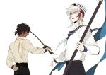  2boys arknights arm_behind_back black_hair black_pants blue_neckwear blue_sailor_collar chinese_commentary closed_mouth collared_shirt commentary_request cowboy_shot dark-skinned_male dark_skin ear_clip earrings elysium_(arknights) flag gloves holding holding_flag holding_sword holding_weapon jewelry long_sleeves looking_at_viewer looking_back male_focus multicolored_hair multiple_boys neckerchief pants parted_lips profile red_hair sailor_collar school_uniform serafuku shirt shirt_tucked_in short_hair short_ponytail streaked_hair sword thorns_(arknights) weapon white_gloves white_hair white_shirt xiandao1213 
