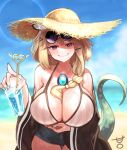  1girl animal_ears aqua_nails arknights bare_shoulders beach bikini black_jacket blue_nails blue_shorts blurry blurry_background braid breasts brown_headwear chocolatice cleavage closed_mouth commentary_request cowboy_shot cup drinking_glass drinking_straw fang hair_ornament hair_over_shoulder hairclip hat highres holding holding_cup huge_breasts jacket jewelry light_brown_hair long_hair looking_at_viewer multi-strapped_bikini nail_polish necklace off_shoulder official_alternate_costume open_clothes open_jacket partial_commentary purple_eyes shorts single_braid skin_fang smile solo straw_hat string_bikini striped striped_bikini swimsuit tail utage_(arknights) vertical-striped_bikini vertical_stripes white_bikini x_hair_ornament 