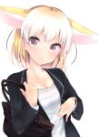  1girl absurdres animal_ear_fluff animal_ears bag bangs black_jacket blazer blonde_hair bob_cut brown_eyes carrying casual closed_mouth commentary eyebrows_visible_through_hair fennec_(kemono_friends) fox_ears handbag highres jacket jewelry kemono_friends kinou_no_shika long_sleeves looking_at_viewer nail_polish necklace shirt short_hair simple_background solo striped striped_shirt tilted_headwear upper_body watch white_background white_nails white_shirt wristwatch 