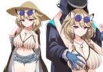  1girl 1other animal_ear_fluff animal_ears arknights artist_name bikini bikini_top black_coat blonde_hair blue_gloves blue_shorts breast_grab breasts brown_coat closed_mouth coat cowboy_shot denim denim_shorts doctor_(arknights) english_commentary eyewear_on_head fang gloves grabbing grabbing_from_behind hair_ornament hairclip hat highres holding_another&#039;s_arm hooded_coat huge_breasts jewelry looking_at_viewer navel necklace official_alternate_costume open_clothes open_coat purple_eyes short_hair shorts simple_background skin_fang smile solo straw_hat striped striped_bikini sunglasses swimsuit utage_(arknights) utage_(summer_flowers)_(arknights) vertical-striped_bikini vertical_stripes white_background xooku 
