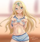  1girl ame-san blonde_hair blue_eyes blue_shorts blush breasts collarbone cowboy_shot dated eyebrows_visible_through_hair hairband highres kantai_collection long_hair looking_at_viewer medium_breasts navel nelson_(kancolle) open_mouth shorts solo twitter_username underboob white_hairband 