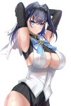  1girl armpits bangs black_gloves blue_eyes blue_hair blush bow bow_earrings breasts chain cleavage clothing_cutout detached_sleeves earrings eyebrows_visible_through_hair gloves hair_intakes highres hololive hololive_english jewelry large_breasts looking_at_viewer ouro_kronii scowl short_hair simple_background skirt solo thighhighs upper_body virtual_youtuber white_background yahan_(mctr5253) 