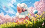  :d black_eyes cloud commentary_request day flaaffy flower gen_2_pokemon grass highres legna_(legna_161cm) looking_up no_humans open_mouth outdoors petals pokemon pokemon_(creature) sitting sky smile solo tongue tree yellow_flower 