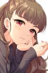  1girl absurdres bangs black_shirt blunt_bangs brown_hair close-up face hair_behind_ear hand_on_own_cheek hand_on_own_face hands_up highres idolmaster idolmaster_cinderella_girls kamiya_nao long_hair long_sleeves looking_at_viewer popon_ta portrait red_eyes shiny shiny_hair shirt simple_background solo thick_eyebrows white_background 