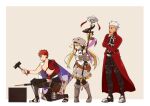  1girl 2boys archer_(fate) armor armored_boots artoria_pendragon_(caster)_(fate) artoria_pendragon_(fate) blonde_hair boots commentary_request dark-skinned_male dark_skin emiya_shirou fate/grand_order fate/stay_night fate_(series) floral_print full_body gloves grey_footwear grey_gloves grey_headwear hammer hand_on_own_chin holding holding_hammer holding_staff igote looking_at_another misuko_(sbelolt) multiple_boys pants red_hair senji_muramasa_(fate) simple_background sparkle spiked_hair staff sweatdrop tassel twintails white_hair wristband 