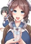  2girls absurdres ahoge black_hair blue_eyes blue_sailor_collar blue_serafuku blush braid breasts brown_hair brown_shawl chougei_(kancolle) cup drinking_glass eyebrows_visible_through_hair hair_between_eyes hair_flaps hair_ornament highres holding holding_cup jingei_(kancolle) kantai_collection kiritto large_breasts long_hair looking_at_viewer multiple_girls neckerchief open_mouth red_eyes sailor_collar school_uniform serafuku shawl short_hair simple_background twin_braids water white_background white_neckwear 