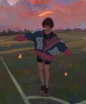  1girl brown_hair building cloud evening field full_body halo highres jacket original outstretched_arms scenery school_uniform serafuku shoes short_hair shorts sky socks solo standing star_(symbol) tree xilmo 