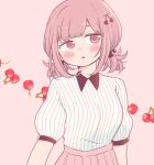  1girl bangs blush breasts cherry_hair_ornament collared_shirt commentary_request danganronpa_(series) danganronpa_2:_goodbye_despair food food-themed_hair_ornament fruit hair_ornament looking_at_viewer medium_breasts medium_hair nanami_chiaki pink_background pink_eyes pleated_skirt puffy_sleeves shirt shirt_tucked_in short_twintails simple_background skirt solo strawberry striped twintails upper_teeth yuki_maru_(yukimaru_1) 