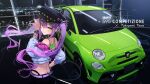  blush building car city green_eyes hat headphones hololive long_hair purple_hair tail tokoyami_towa twintails you&#039;a 