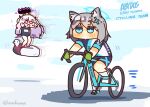  !? 2girls animal_ear_fluff animal_ears bangs bicycle bike_jersey bike_shorts blue_archive blue_eyes blush chibi closed_mouth commentary_request cross_hair_ornament demon_horns english_text flying full_body grey_hair ground_vehicle hair_ornament halo hina_(blue_archive) horns inflatable_toy lcron long_hair looking_ahead looking_at_another medium_hair motion_lines multiple_girls open_mouth purple_eyes riding_bicycle school_swimsuit shadow shiroko_(blue_archive) standing swimsuit twitter_username white_footwear 
