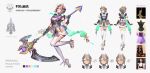  ! 1girl :o anger_vein aryaaa bangs black_gloves boots brown_eyes character_name character_profile character_sheet closed_mouth dress full_body gloves grey_background hair_ornament hair_over_one_eye highres holding holding_weapon honkai_(series) honkai_impact_3rd looking_at_viewer looking_to_the_side multiple_views musical_note open_mouth purple_eyes rita_rossweisse scythe short_hair simple_background sleeveless sleeveless_dress smile speech_bubble surprised teeth thighhighs weapon white_footwear 