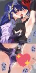  2girls ahegao armpits arms_behind_head ass black_gloves black_panties blue_hair blush breasts brown_eyes cameltoe censored drooling elbow_gloves female_ejaculation french_kiss genshin_impact gloves groping hair_ornament heart heart_censor japanese_clothes jtveemo kimono kiss kujou_sara large_breasts long_hair mask mask_on_head multiple_girls panties purple_eyes purple_gloves pussy_juice raiden_shogun saliva saliva_trail sweat tongue tongue_out trembling underwear yuri 