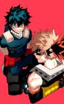  2boys angry arms_behind_back bakugou_katsuki bangs bare_shoulders black_hair blonde_hair blue_eyes bodysuit boku_no_hero_academia bound bound_arms commentary_request cut_(nifuhami_35) freckles from_above gloves green_bodysuit green_eyes green_hair looking_at_viewer looking_back male_focus midoriya_izuku multicolored multicolored_bodysuit multicolored_clothes multicolored_hair multiple_boys pants pouch red_background red_eyes simple_background spiked_hair teeth two-tone_hair 