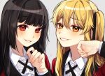  2girls bamme_o3o bangs black_hair black_ribbon blonde_hair blunt_bangs brown_eyes collared_shirt commentary dress_shirt eyebrows_visible_through_hair grey_background grin hand_up highres hyakkaou_academy_uniform jabami_yumeko jacket kakegurui long_hair long_sleeves looking_at_viewer multiple_girls red_eyes red_jacket ribbon saotome_meari shirt simple_background smile symbol-only_commentary teeth twintails white_shirt 