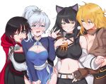  4girls :3 animal_ears belt black_hair blake_belladonna blonde_hair blush breast_grab breasts cat_ears cleavage commentary_request dress dress_tug grabbing groping highres implied_fingering looking_at_another multicolored_hair multiple_girls negresco prosthesis prosthetic_arm red_hair revision ruby_rose rwby silver_hair simple_background smile tiara two-tone_hair undressing weiss_schnee yang_xiao_long yuri 