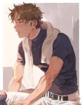  1boy absurdres ace_of_diamond belt blue_shirt brown_eyes brown_hair highres knee_pads male_focus miyuki_kazuya open_mouth pants sato_(sato_1_11) shirt short_hair sideburns sitting solo sportswear sweat sweatdrop teeth toned toned_male towel towel_around_neck visor white_pants 