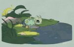  celebi closed_eyes commentary_request dated gen_2_pokemon gen_4_pokemon grass green_eyes leaf leels lying mythical_pokemon no_humans on_stomach pokemon pokemon_(creature) shinx sleeping water 