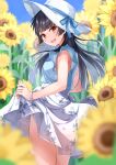  1girl :d absurdres bangs black_hair blue_shirt blunt_bangs blurry blurry_foreground commentary_request day depth_of_field eyebrows_visible_through_hair field flower flower_field hat highres honorikiti idolmaster idolmaster_shiny_colors long_hair looking_at_viewer looking_back mayuzumi_fuyuko open_mouth outdoors red_eyes shirt skirt skirt_hold sleeveless sleeveless_shirt smile solo sunflower very_long_hair white_headwear white_skirt yellow_flower 