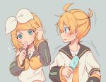  1boy 1girl aqua_eyes arm_warmers bangs bare_shoulders bass_clef black_collar blonde_hair blush bow collar commentary crop_top dripping eating flying_sweatdrops food food_in_mouth grey_background grey_collar grey_sleeves hair_bow hair_ornament hair_tucking hairclip highres holding holding_food kagamine_len kagamine_rin looking_at_another neckerchief necktie popsicle sailor_collar sazanami_(ripple1996) school_uniform shirt short_hair short_ponytail sleeveless sleeveless_shirt spiked_hair sweat swept_bangs treble_clef trembling vocaloid white_bow white_shirt yellow_neckwear 