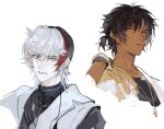  2boys arknights black_hair black_shirt chinese_commentary coat commentary_request dark-skinned_male dark_skin ear_clip earrings elysium_(arknights) eyebrows_visible_through_hair feather_hair frown gloves grey_eyes hand_up jewelry looking_at_viewer male_focus multicolored_hair multiple_boys necklace parted_lips red_hair shirt short_ponytail simple_background smile streaked_hair thorns_(arknights) upper_body white_background white_coat white_gloves white_hair xiandao1213 yellow_eyes 