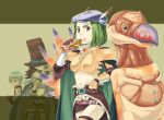  1boy 2girls animal armor bangs bird blue_cape blue_hair boobplate brown_cape brown_eyes brown_hair brown_headwear brown_legwear brown_skirt cape coat commentary_request cowboy_shot cross eating flat_cap food gauntlets green_cape green_hair hat high_priest_(ragnarok_online) holding holding_food leg_armor long_hair long_sleeves looking_at_another looking_at_viewer mask multiple_girls navel nyt_(1-0-z) open_mouth oversized_animal paladin_(ragnarok_online) pauldrons peco_peco ragnarok_online red-framed_eyewear red_coat sandwich short_hair shoulder_armor skirt solo_focus striped striped_headwear thighhighs top_hat two-tone_coat waist_cape white_coat 