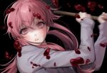  1girl bamme_o3o bangs black_background blood blood_on_clothes blood_on_face blurry blush commentary eyebrows_visible_through_hair gasai_yuno hair_between_eyes hair_ornament hand_up hands_up highres holding holding_weapon long_hair long_sleeves looking_at_viewer mirai_nikki pink_eyes pink_hair shiny shiny_hair simple_background solo symbol-only_commentary teeth weapon 