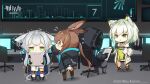  1other 3girls :o ambiguous_gender amiya_(arknights) animal_ears arknights ascot black_footwear black_gloves black_jacket black_legwear blue_collar blue_eyes blue_neckwear boots brown_footwear cat_ears cat_girl cat_tail chibi chinese_commentary collar commentary copyright_name detached_sleeves doctor_(arknights) dress fingerless_gloves flying_sweatdrops full_body gloves green_dress green_eyes green_hair grey_hair headpat highres holding holding_paper hood hood_up jacket jacket_on_shoulders jewelry jiyuu_(xjuyux) kal&#039;tsit_(arknights) long_hair mask multiple_girls multiple_rings necklace off-shoulder_dress off_shoulder official_art open_mouth pantyhose paper petting pointing ponytail rabbit_ears ring rosmontis_(arknights) second-party_source see-through_sleeves short_hair sidelocks standing tail tearing_up trembling v-shaped_eyebrows watermark white_dress 