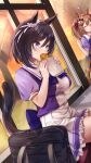  2girls animal_ears bag black_hair blue_eyes brown_hair closed_eyes closed_mouth eating eishin_flash_(umamusume) eyebrows_visible_through_hair food highres holding holding_food horse_ears horse_girl horse_tail long_hair merxkialis multiple_girls pleated_skirt school_uniform short_hair short_sleeves sitting skirt smart_falcon_(umamusume) smile tail taiyaki tracen_school_uniform twintails umamusume wagashi white_skirt 