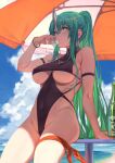  1girl arknights arm_up armband ass bare_shoulders beach beach_umbrella between_breasts bikini black_bikini blue_sky bracelet breasts cloud collarbone drinking green_hair hair_between_eyes highres horns hoshiguma_(arknights) jewelry long_hair looking_at_viewer makeup mascara o-ring okita_ababa ponytail ring sand sidelocks single_horn sitting sky soju solo strapless strapless_bikini swimsuit table thigh_strap thighs umbrella water waves yellow_eyes 