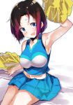  1girl :d arm_up armpits bangs bare_arms bare_shoulders black_hair blue_eyes blue_shirt blue_skirt cheerleader commentary_request crop_top elma_(maidragon) forehead head_tilt highres holding kobayashi-san_chi_no_maidragon lamb_(hitsujiniku) midriff navel open_mouth parted_bangs pleated_skirt pom_pom_(cheerleading) purple_hair shirt short_hair skirt sleeveless sleeveless_shirt smile solo white_background 