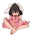  1girl :p animal_ears barefoot black_hair carrot_necklace crossed_ankles discowars eyebrows_visible_through_hair finger_to_eye inaba_tewi pink_shirt pink_skirt rabbit_ears red_eyes ribbon-trimmed_clothes ribbon_trim shirt short_hair short_sleeves simple_background skirt solo tongue tongue_out touhou wavy_hair white_background 
