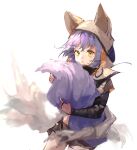  1girl arknights black_jacket black_shorts cowboy_shot highres holding_tail jacket looking_at_viewer official_alternate_costume parted_lips provence_(arknights) provence_(wasteland_walker)_(arknights) purple_hair qianzhu shorts simple_background solo tail tail_hug white_background wolf_hood wolf_tail yellow_eyes younger 