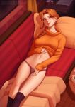  1girl black_legwear braid breasts closed_mouth clothes_lift couch deilan12 feet_out_of_frame female_pubic_hair highres indoors kneehighs leah_(stardew_valley) lips long_hair looking_at_viewer lying medium_breasts navel on_back on_couch orange_hair orange_sweater panties pillow pubic_hair pubic_hair_peek purple_eyes purple_panties sleeves_past_wrists smile solo stardew_valley sweater sweater_lift underwear 
