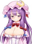  1girl blush breasts cleavage closed_mouth crescent crescent_pin dress eyebrows_visible_through_hair hat highres large_breasts long_hair looking_down mob_cap nipples patchouli_knowledge purple_eyes purple_hair purple_headwear reward_available simple_background solo striped suwa_yasai touhou upper_body vertical-striped_dress vertical_stripes white_background 