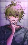  1boy :p amami_rantarou bangs blush bracelet cfbs1vykihkwxbw choker collarbone commentary_request danganronpa_(series) danganronpa_v3:_killing_harmony ear_piercing green_eyes green_hair highres jewelry looking_at_viewer male_focus necklace open_mouth piercing ring shirt short_hair smile solo striped striped_shirt tile_wall tiles tongue tongue_out upper_body v_over_mouth 