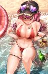 1girl :p absurdres beach beer_bottle breasts eyewear_on_head glasses hat heterochromia highres hololive hololive_fantasy houshou_marine large_breasts red_eyes red_hair sand seventh_sugune skull_cup swimsuit tongue tongue_out virtual_youtuber water yellow_eyes 