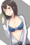  1girl black_hair blue_bra blue_eyes bra breasts cellphone hayasui_(kancolle) highres holding holding_phone jacket kantai_collection large_breasts long_sleeves medium_breasts navel open_clothes open_jacket phone short_hair smartphone solo toge_nbo track_jacket underwear upper_body zipper 