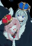  2girls animal_hood bangs blue_cloak blue_eyes blue_hair blue_nails cloak commentary crown eyebrows_visible_through_hair fur-trimmed_cloak fur_trim gawr_gura hand_on_another&#039;s_face highres hololive hololive_english hood hood_up king_(vocaloid) long_hair looking_at_another mori_calliope multicolored_hair multiple_girls nail_polish open_mouth pink_hair red_eyes shark_hood sharp_teeth silver_hair smile streaked_hair teeth tongue tongue_out virtual_youtuber wowari-c. 