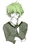  1boy amami_rantarou bangs bracelet collarbone commentary_request covering_mouth cropped_torso danganronpa_(series) danganronpa_v3:_killing_harmony earrings eyebrows_visible_through_hair green_hair hair_between_eyes hand_up highres jewelry long_sleeves looking_at_viewer male_focus messy_hair necklace satori_(blueinc324) shirt short_hair simple_background solo striped striped_shirt upper_body white_background 