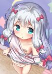  1girl bandaid bandaids_on_nipples blue_eyes blush eromanga_sensei highres izumi_sagiri mochiyuki panties pasties red_ribbon ribbon shirt solo twintails underwear white_hair white_shirt 