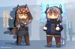  2girls animal_ears arknights arm_up bangs blue_jacket blush brown_eyes brown_hair brown_legwear chibi clenched_hands commentary_request dragon_horns dragon_tail electricity fox_ears fox_tail franka_(arknights) full_body gloves grey_hair highres horns id_card jacket lanyard lcron liskarm_(arknights) long_hair long_sleeves multiple_girls no_mouth open_mouth shadow shirt skirt standing tail thighhighs translation_request twitter_username 