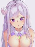  1girl :o bangs bare_shoulders blush braid breasts cleavage commentary_request crown_braid emilia_(re:zero) eyebrows_visible_through_hair flower gem grey_background hair_flower hair_ornament highres jun_wmrx3848 large_breasts long_hair looking_at_viewer mole mole_on_breast open_mouth pointy_ears purple_eyes re:zero_kara_hajimeru_isekai_seikatsu simple_background solo upper_body 