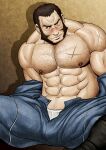  1boy abs arm_hair bara bare_pectorals bare_shoulders beard blush bulge character_request check_character chest_hair embarrassed facial_hair highres large_pectorals long_sideburns male_focus mature_male muscular muscular_male mutton_chops navel navel_hair nipples off_shoulder old old_man open_clothes open_fly overalls pectorals radi_jaeger scar scar_on_face scar_on_nose senjou_no_valkyria_(series) senjou_no_valkyria_1 short_hair sideburns solo spread_legs stomach wrinkled_skin zelo-lee 