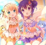  2girls absurdres beach bikini blonde_hair blue_eyes blush collarbone cup day drink drinking_glass drinking_straw eyebrows_visible_through_hair floppy_ears frilled_bikini frills gochuumon_wa_usagi_desu_ka? hair_bun headdress highres kirara_fantasia kirima_sharo long_hair multiple_girls navel ocean open_mouth orange_bikini parasol purple_bikini purple_eyes purple_hair sand short_hair smile stick_jitb swimsuit tedeza_rize tippy_(gochiusa) umbrella v water_gun 