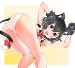  1girl animal_collar animal_ears animal_hands arms_up ass bangs bent_over black_bra black_hair blush bra cat_ears cat_tail collar commentary_request eyebrows_visible_through_hair fang from_behind gloves kaban_(kemono_friends) kemono_friends kemonomimi_mode kobacha_(ochakoba) looking_at_viewer looking_back open_mouth panties paw_gloves ribbon short_hair solo standing tail tail_ornament tail_ribbon tearing_up underwear white_panties 