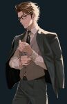  1boy ace_of_diamond adjusting_clothes adjusting_sleeves belt black_jacket black_pants brown_eyes brown_hair brown_vest closed_mouth formal glasses highres jacket jacket_on_shoulders jacket_removed looking_at_viewer male_focus miyuki_kazuya necktie pants sato_(sato_1_11) shirt short_hair simple_background smile solo vest white_shirt 