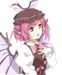  1girl bangs bow bowtie breasts brown_dress brown_headwear dress dress_bow eyebrows_visible_through_hair gem hand_up hat highres jewelry long_sleeves looking_at_viewer medium_breasts mob_cap mystia_lorelei open_mouth pink_bow pink_eyes pink_hair pink_neckwear pointy_ears puffy_sleeves shirt short_hair simple_background smile solo touhou user_xmsp3753 white_background white_shirt white_sleeves wings 