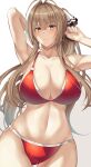  1girl amagi_brilliant_park amagi_korona antenna_hair arm_behind_head armpits arms_up bangs bare_shoulders bikini blush bow breasts brown_eyes brown_hair cleavage collarbone eyebrows_visible_through_hair frown hair_bow highres large_breasts long_hair navel o-ring o-ring_bikini ponytail red_bikini sento_isuzu shiny shiny_hair simple_background solo sweatdrop swimsuit white_background 