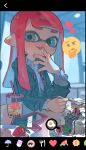  1girl aspara berry bubble_tea cake camera_phone emoji food fork grey_eyes hand_on_own_face heart highres holding holding_fork inkling long_hair looking_at_viewer phone pink_hair restaurant smile smug splatoon_(series) tentacle_hair 